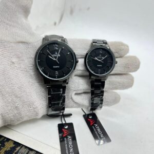 ATRONE Couple Wrist Watch Model 8001 Black Dial Black Chain with Diamond Cut Markers