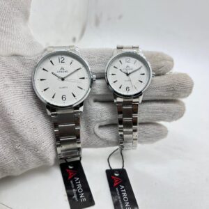 ATRONE Couple Wrist Watch Model 8001 White Dial Silver Chain