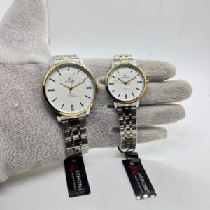 ATRONE Couple Wrist Watch Model 8001 White Dial Two Tone Golden and Silver Chain