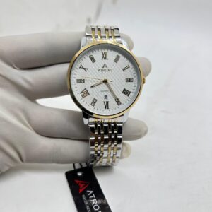 ATRONE Men’s Wrist Watch (Silver & Gold Chain, White Dial with Roman Numerals & Date) #AT09