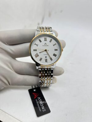 ATRONE Men’s Wrist Watch (Silver & Gold Chain, White Dial with Roman Numerals & Date) #AT09