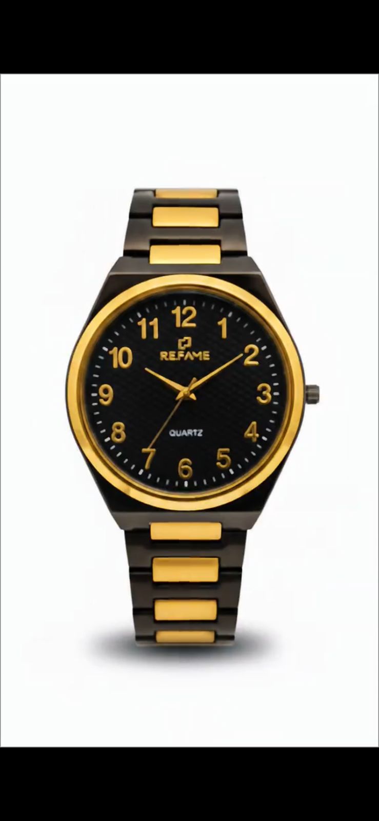 REFAME Royal Eclipse Black & Gold Quartz Watch for Men | Two-Tone Stainless Steel Bracelet | Premium Analog Wrist Watch