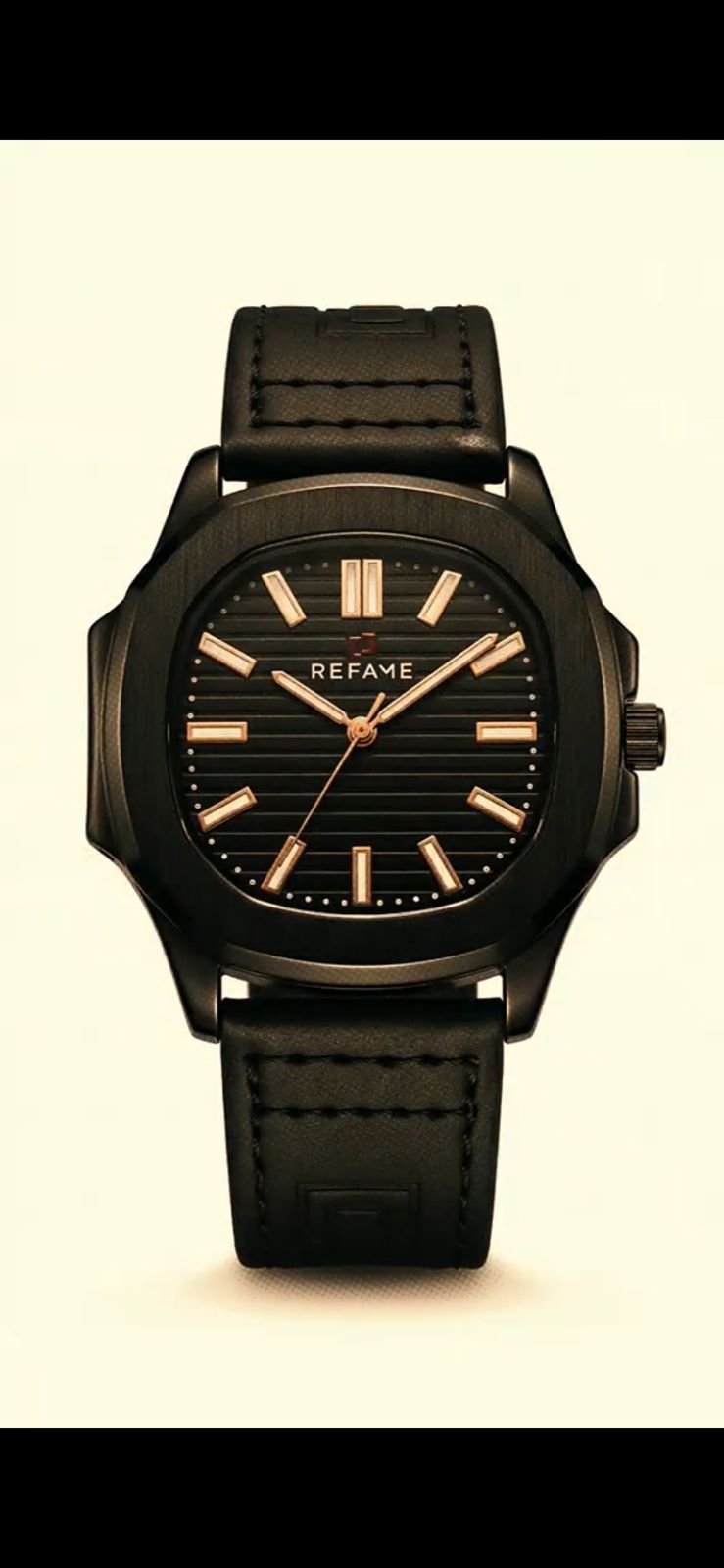 REFAME Noir Classic Leather Quartz Watch for Men | White Textured Dial | Black Genuine Leather Strap | Analog Wrist Watch
